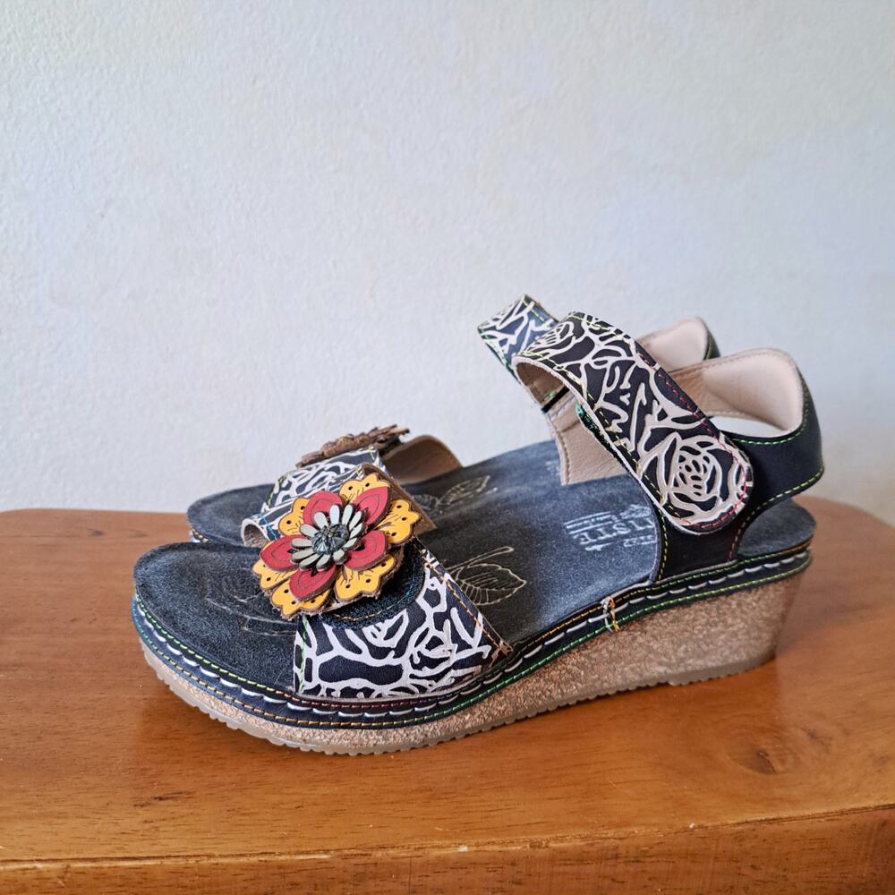 L'Artiste by Spring Step Cuteness Leather Floral Wedge Sandals Size 35 US 5 5.5